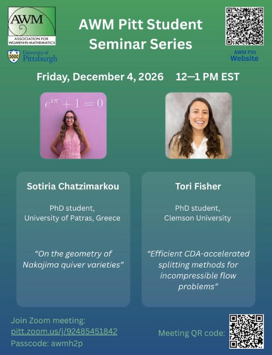 Poster for the AWMM Pitt Student Seminar Series on December 4, 2026, announcing Sotiria Chatzimarkou’s talk On the geometry of Nakajima quiver varieties